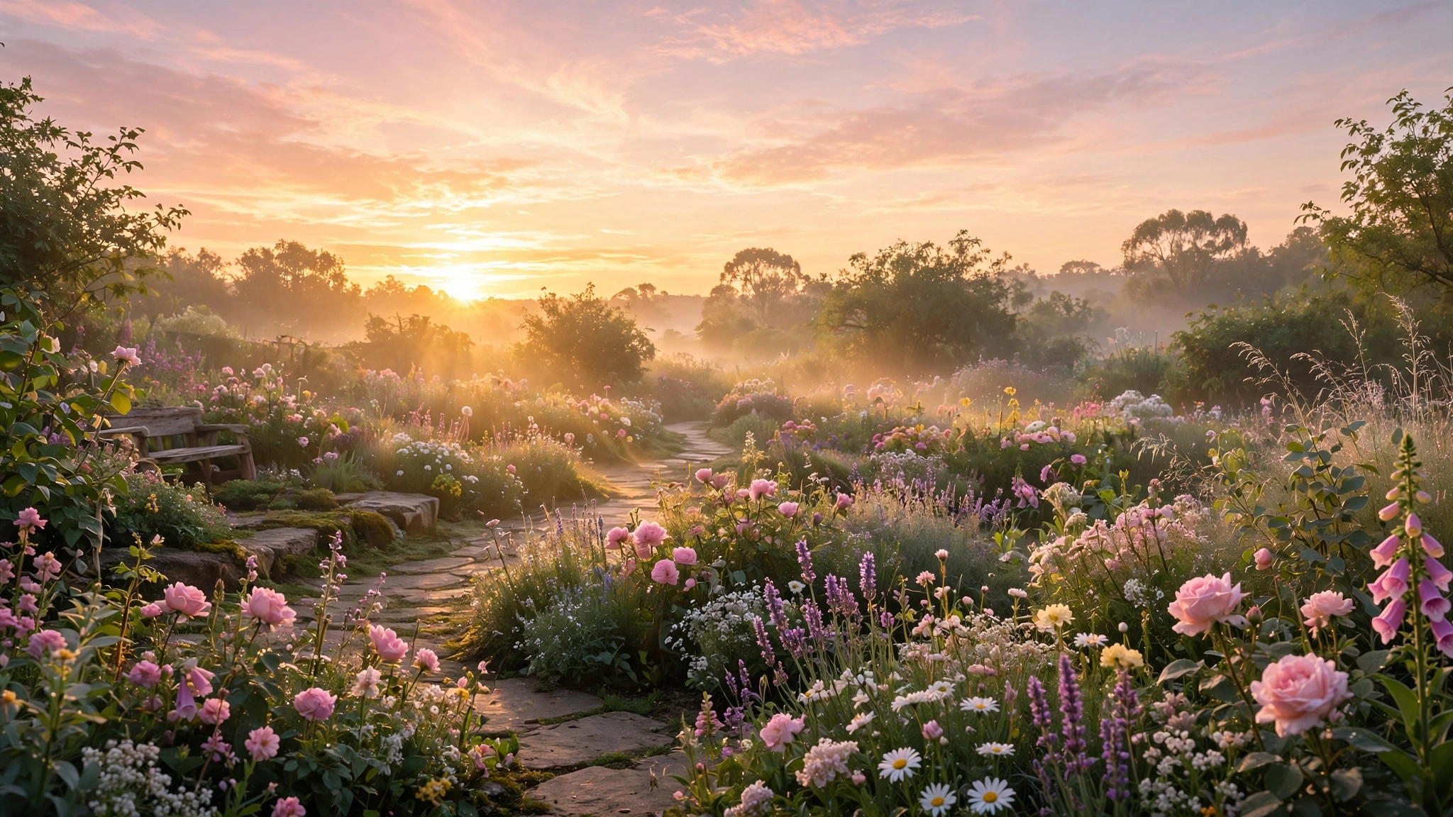 Grandmother in heaven - sunrise over a peaceful flower garden full of hope
