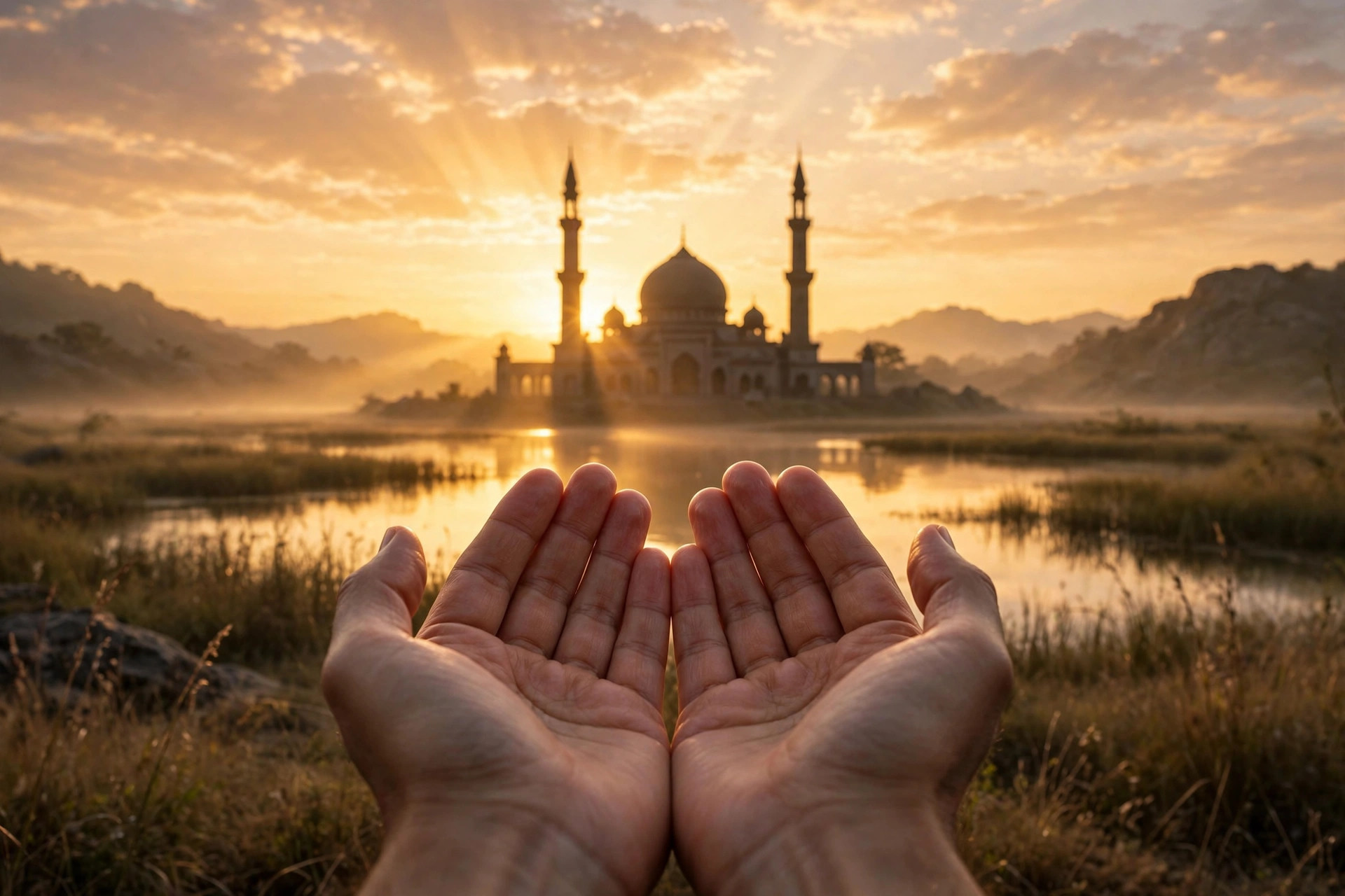 Good morning dua in English — hands raised in dua at sunrise over a mosque silhouette