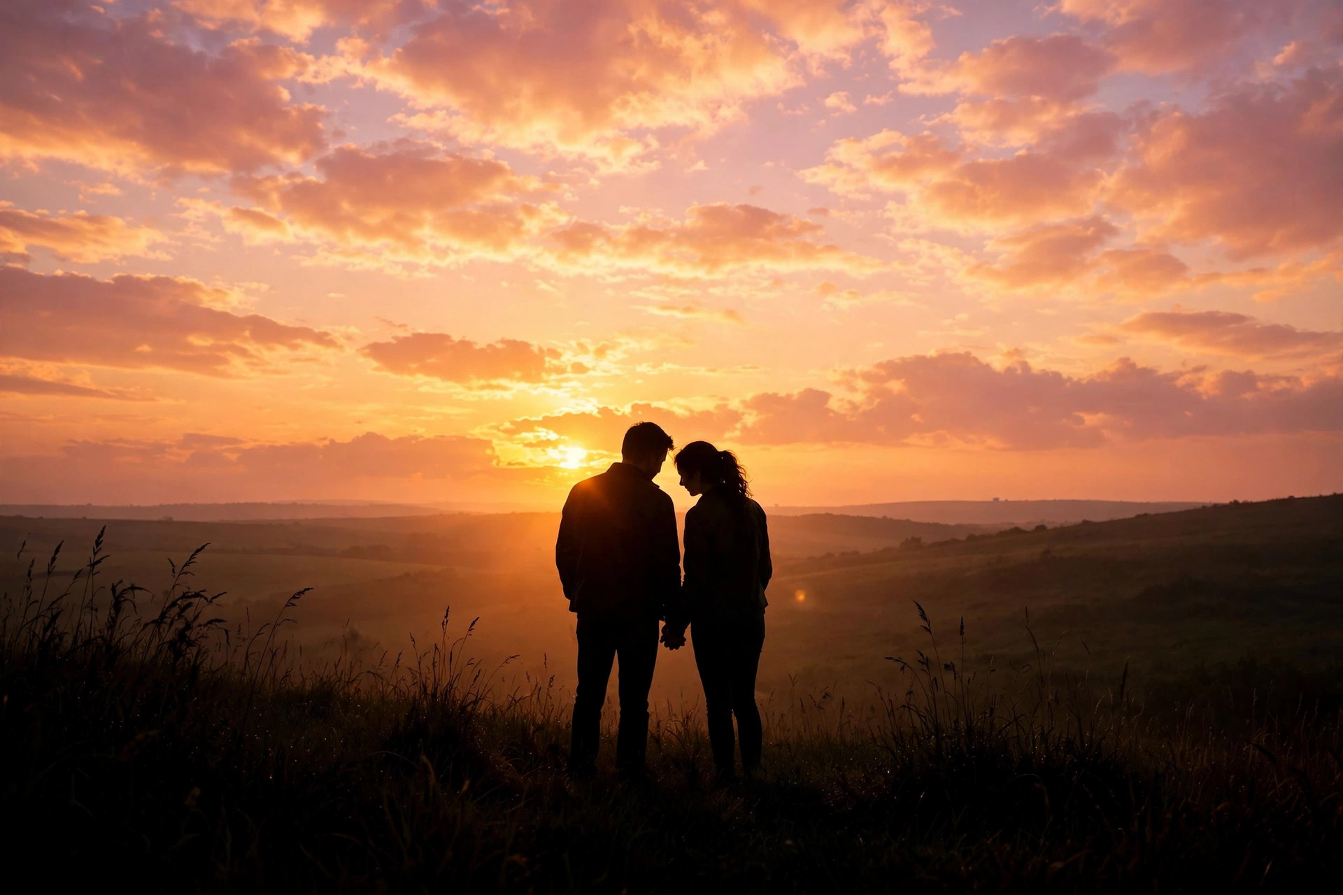 Couple silhouettes holding hands at a warm sunset, sharing a sorry message to my love and reconciling