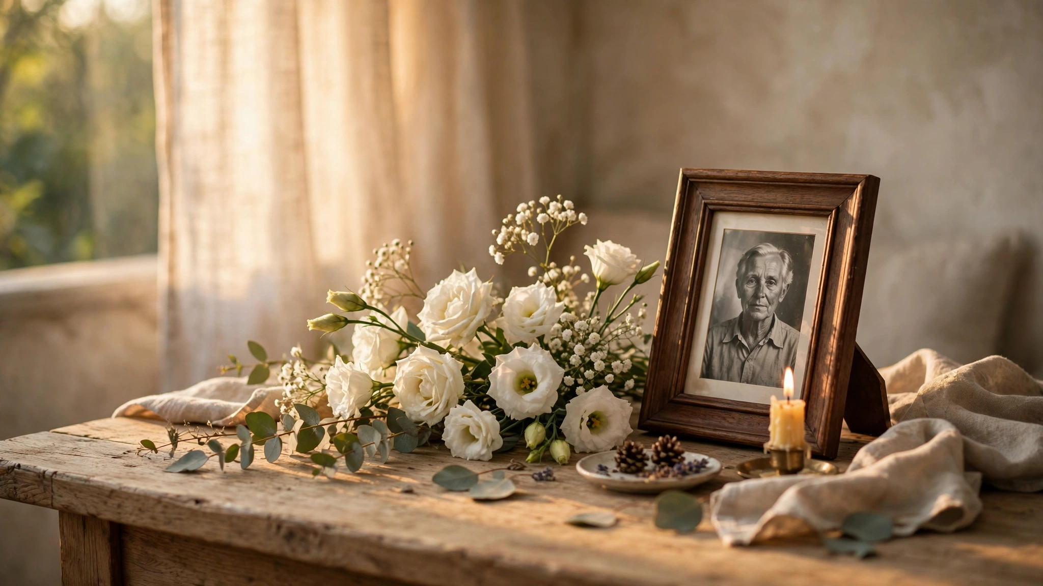 Short message for grandmother who passed away - white flowers and a framed photo in warm soft light